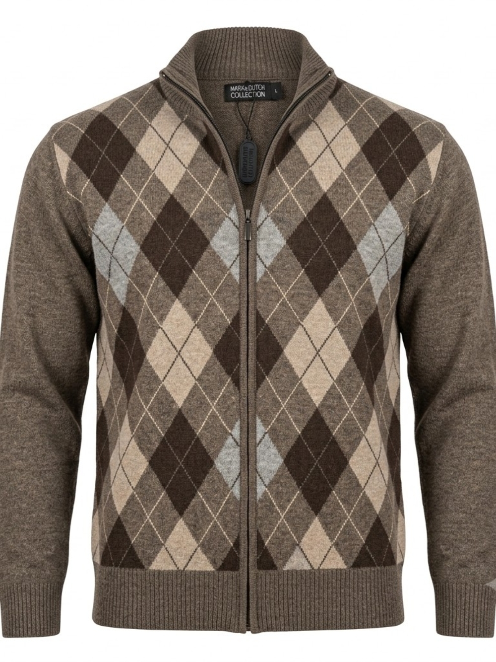 Marx & Dutch Brown Argyle Full-Zip Knit Cardigan Sweater - Size L